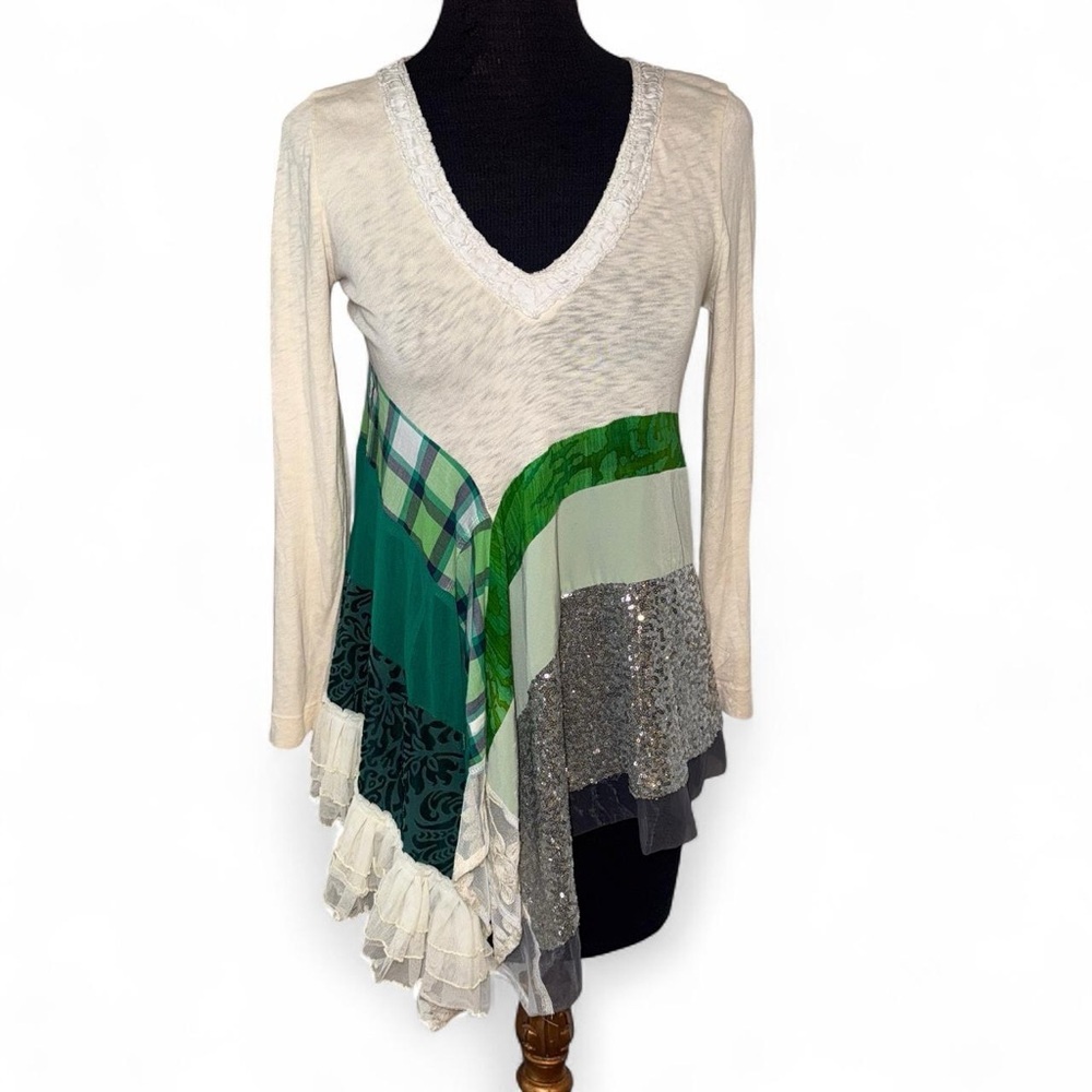 J. Crew Patchwork asymmetrical hem Boho Upcycled embellished Tunic Top Size XS